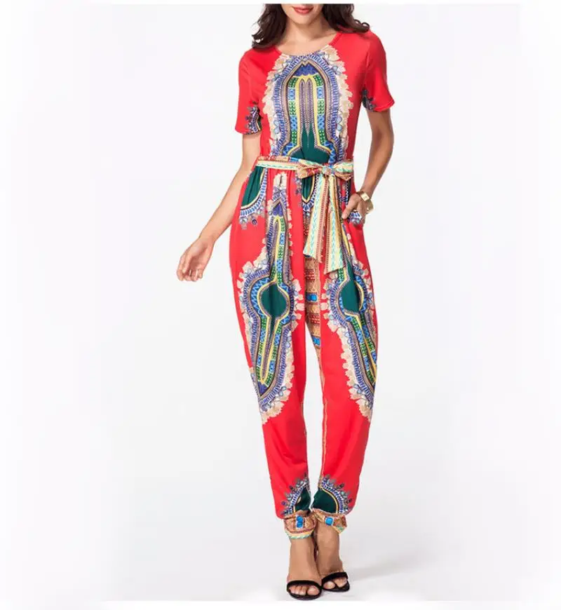 Облегающий костюм с поясом 2018 осенний женский комбинезон цифровым принтом на