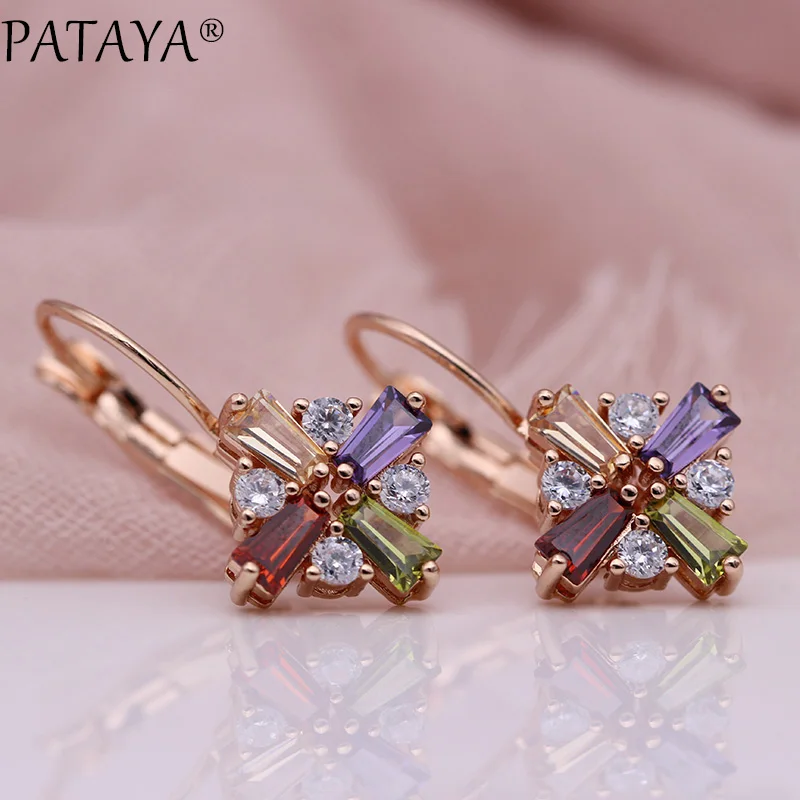 PATAYA New Western Style Colored Square Natural Zircon Drop Earrings 585 Rose Gold Women Fine Party Wedding Hot Fashion Jewelry