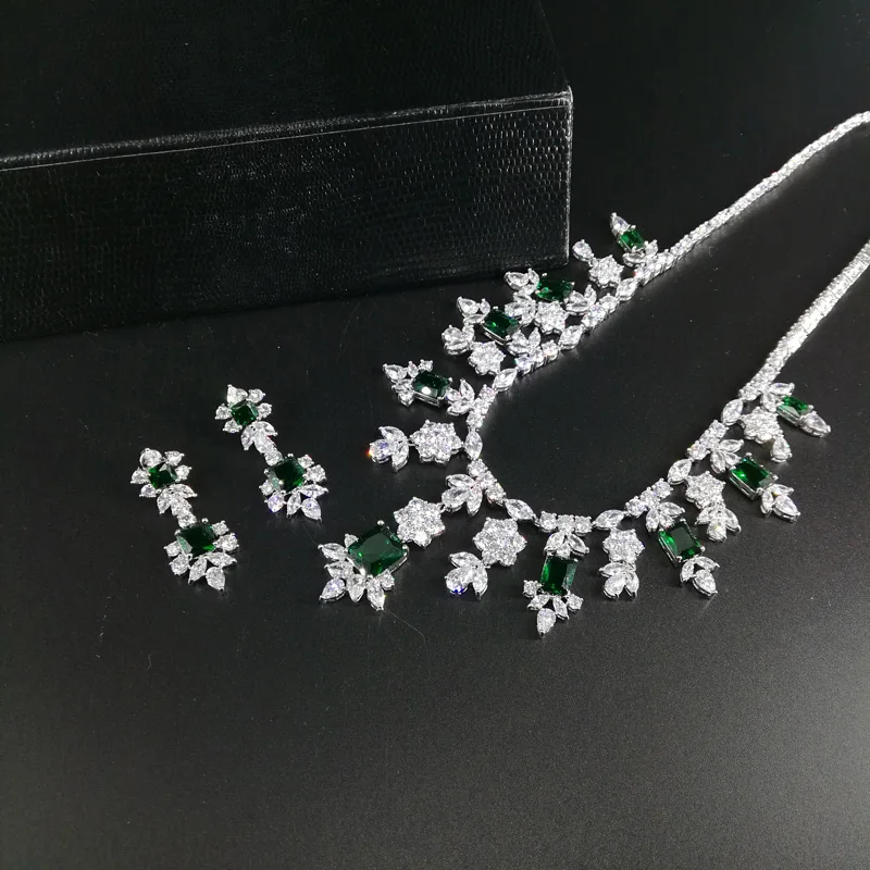 Новинка модное ретро зеленое квадратное циркониевое ожерелье серьги для свадьбы