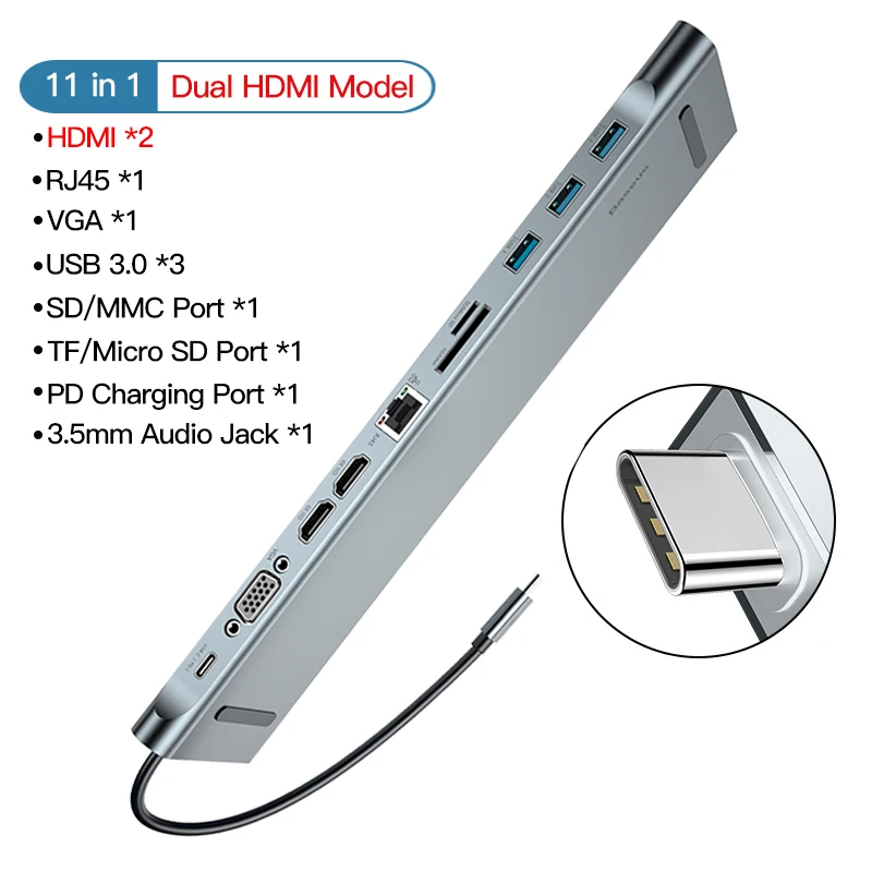 11 in 1 usb c hub Baseus USB C концентратор type C к HDMI VGA RJ45 несколько портов USB 3,0 USB3.0 type-C разветвитель для Macbook Pro Air USB-C концентратор адаптер питания - Цвет: 11 in 1 usb c hub