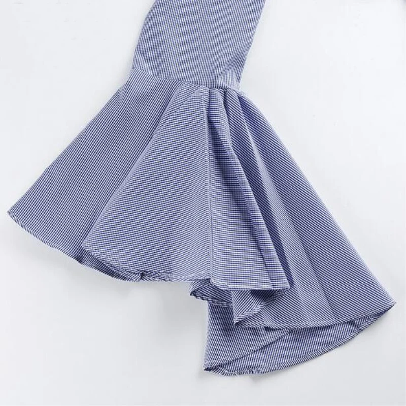 Повседневная рубашка в полоску блузка с рукавом виде листьев лотоса Женская