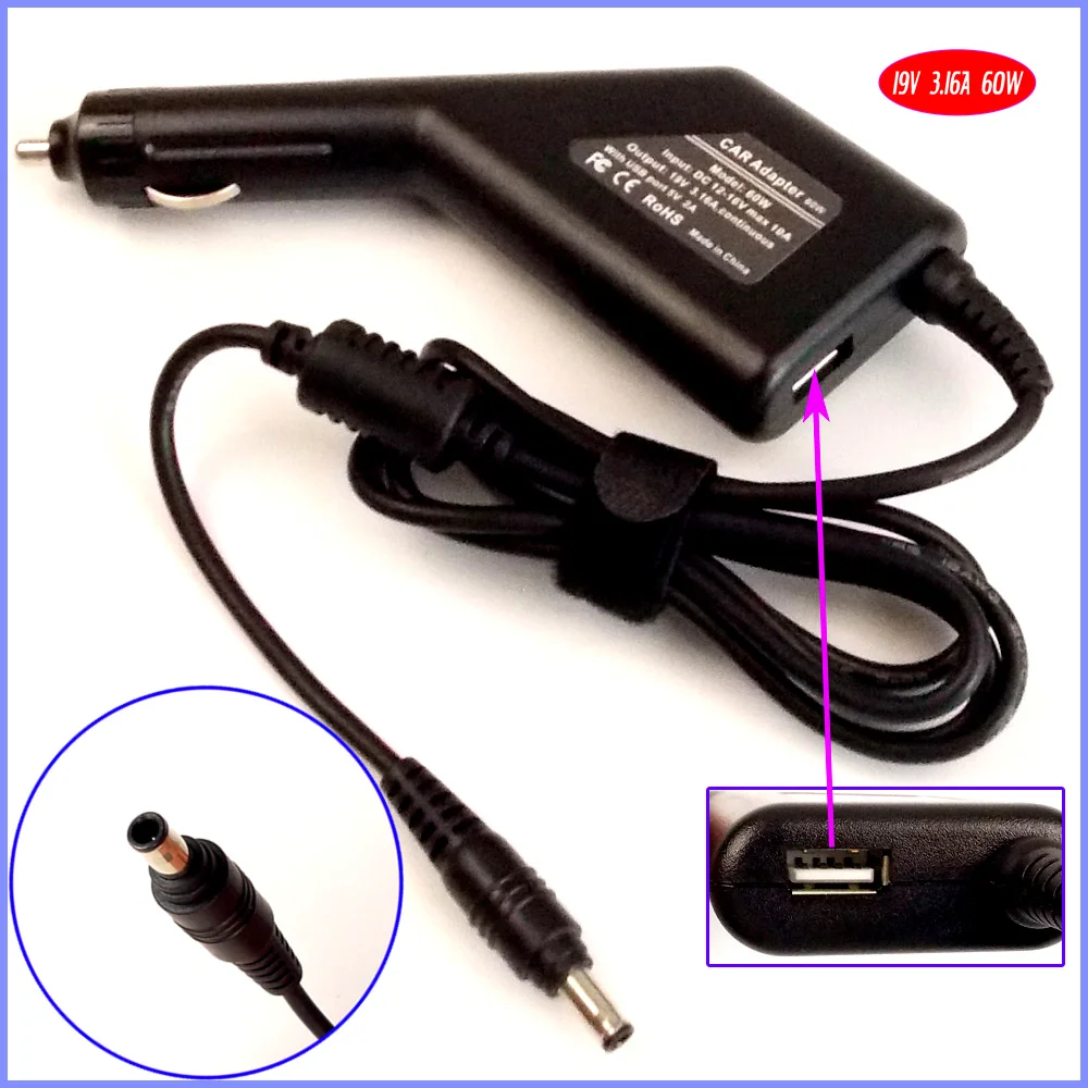 

19V 3.16A Laptop Car DC Adapter Charger + USB Power for Samsung NP-R580-JSB1US NP-R580 NT-305V NP-N120 NP-N130 NP-SF310