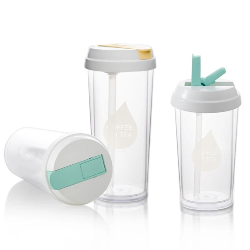 Модная двухслойная пластиковая бутылка для воды с соломинкой без БФА