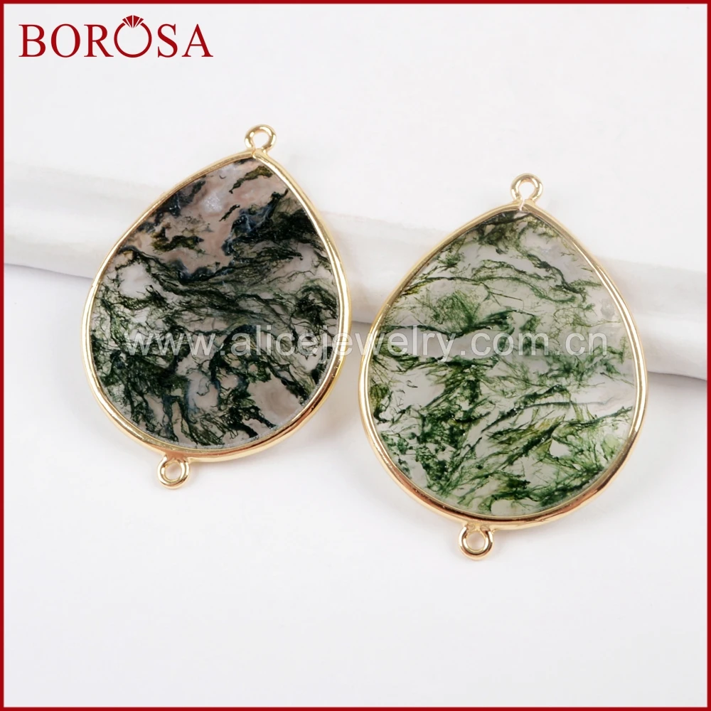 

BOROSA 10PCS Elegant Gold Color Drop Moss Agates Connector Double Charms Jewelry for Necklace Making WX958