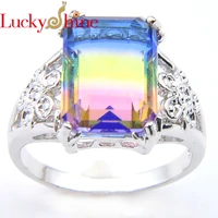 luckyshien women elegant jewelry royal style rectangle color change rainbow bi colored tourmaline silver wedding ring