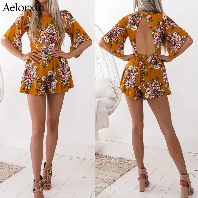 Boho Цветочный принт с оборками Комбинезоны женские элегантные летние розовые