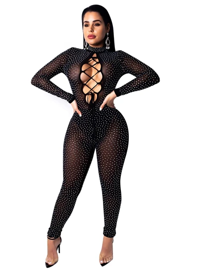 black jumpsuit Женский комбинезон из прозрачной сетки с вырезами на шнуровке, сексуальный боди с высоким воротником и длинным рукавом, Клубные Вечерние черные цельные наряды - Цвет: black jumpsuit