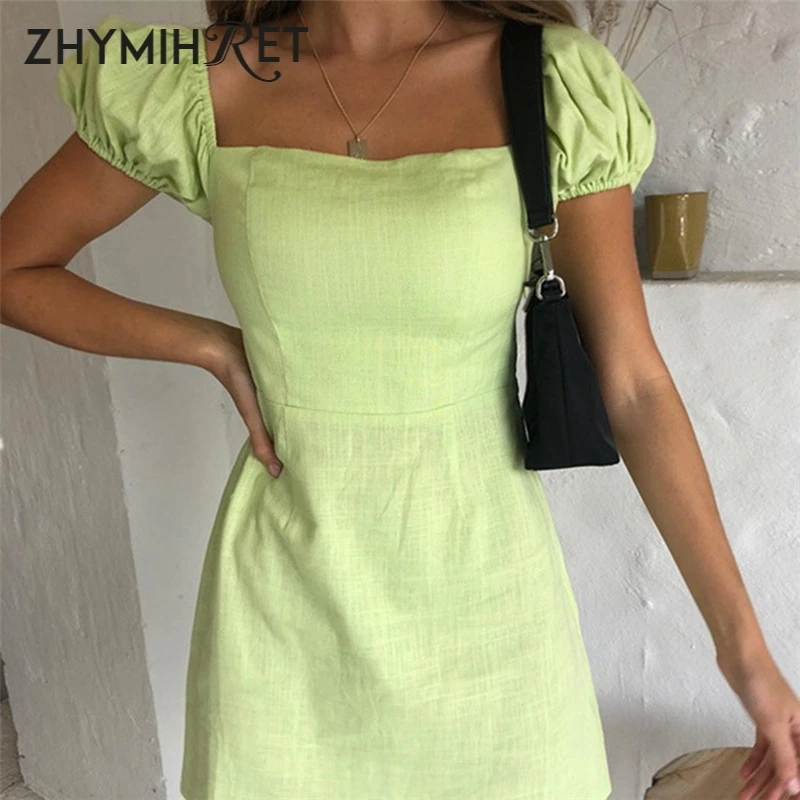 Милое зеленое мини платье ZHYMIHRET с пышными рукавами женское карандаш квадратным