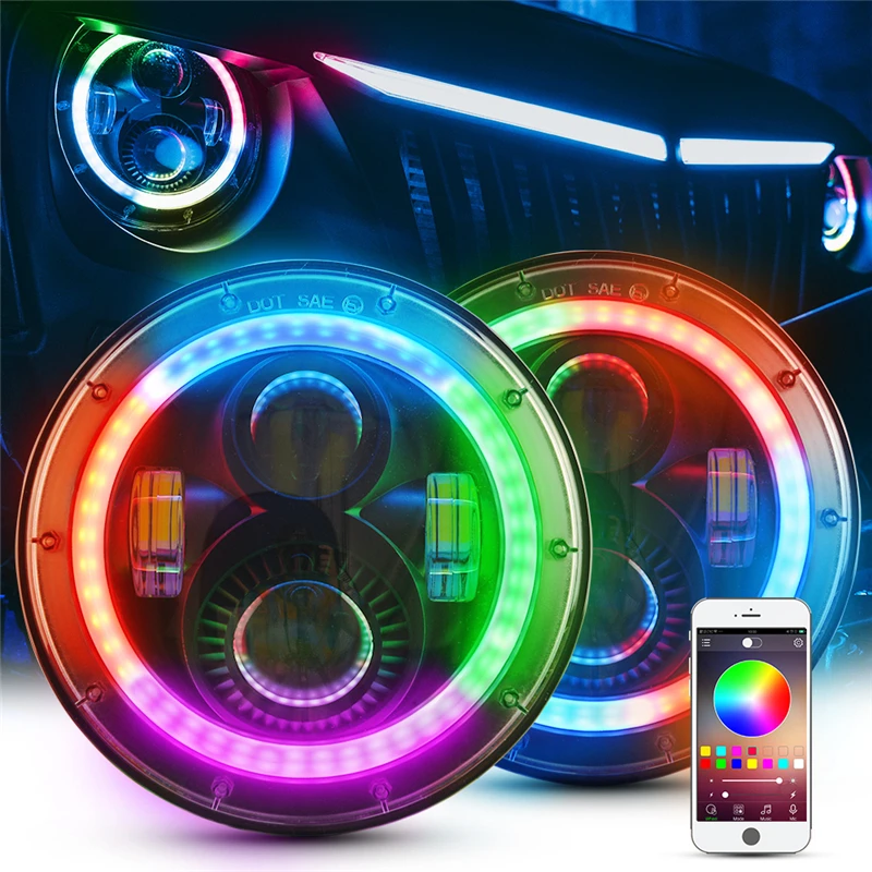 MICTUNING 7 ''круглый 80 Вт красочные фары RGB чеканка вращающийся Halo светодиодный налобный фонарь с DRL Hi/Lo луч для Jeep Wrangler JK LJ