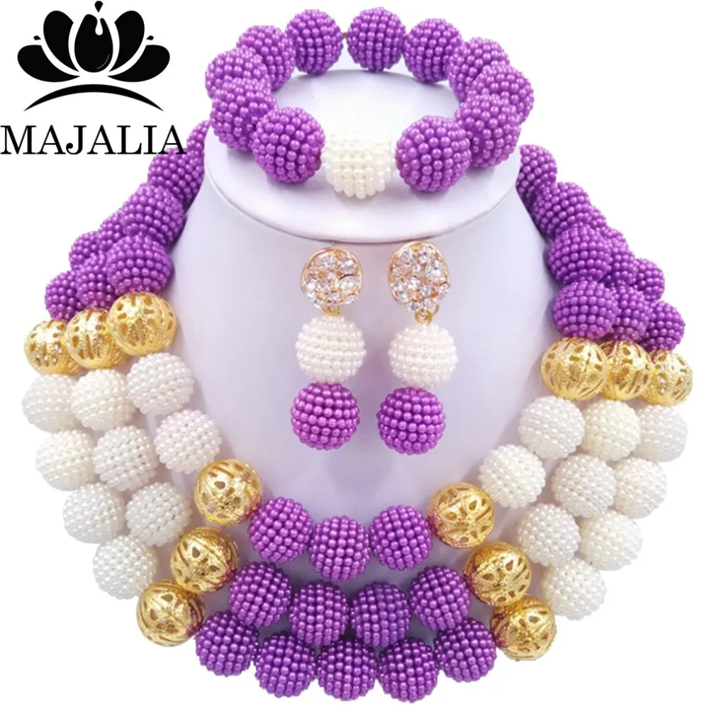 

Fashion Nigeria Wedding african beads jewelry set purple Plastic pearl necklace Bridal Jewelry Sets Free shipping VV-201