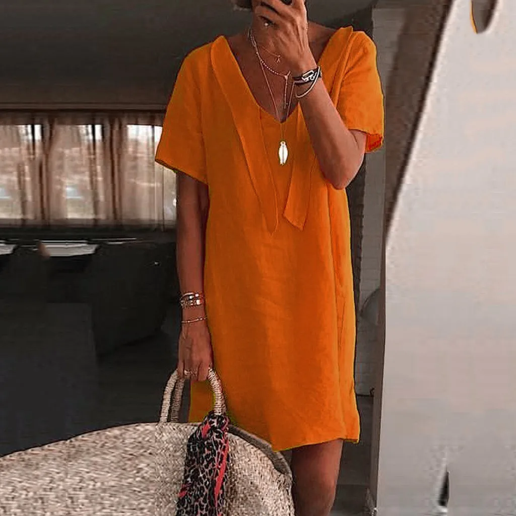 Женское однотонное Повседневное платье женское модное с коротким рукавом и v