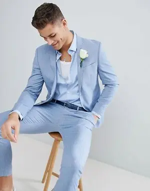 Light Blue Slim Fit Tailored Suit Men Casual Beach Summer Tuxedo Suit 2 Pieces Set Wedding Mens Suits With Pants Terno Masculino