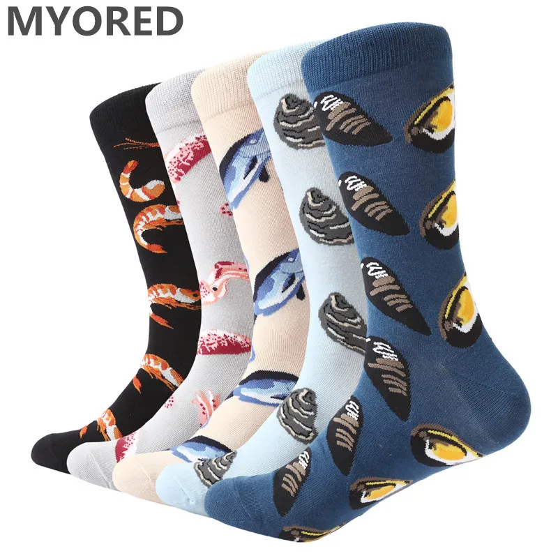 MYORED 5 пара/лот, мужские цветные носки, длинные носки из чесаного хлопка, Носки с рисунком морской еды