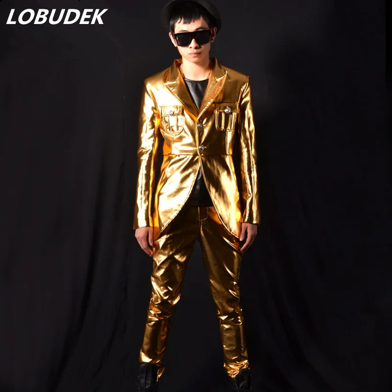 Модный кожаный золотистый пиджак и брюки мужской костюм платье для танцора