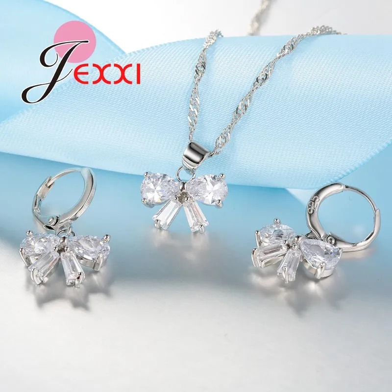 Elegant Wedding Birthday Gifts For Women Beautiful Silver Chain Necklace Clear Bowknot Crystal Charm Earrings Jewelry Set | Украшения и