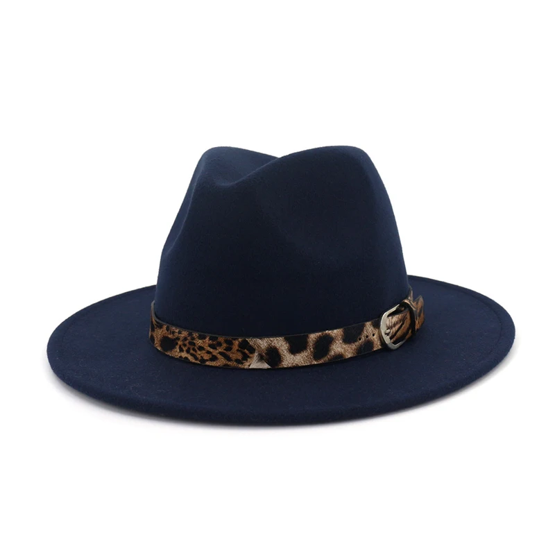 Navy blue QIUBOSS, плоская шерстяная фетровая шляпа с широкими полями, джазовая фетровая шляпа для мужчин и женщин, леопардовая зернистая кожа, украшенная, простая, шерстяная, вулканическая шляпа - Цвет: Navy blue