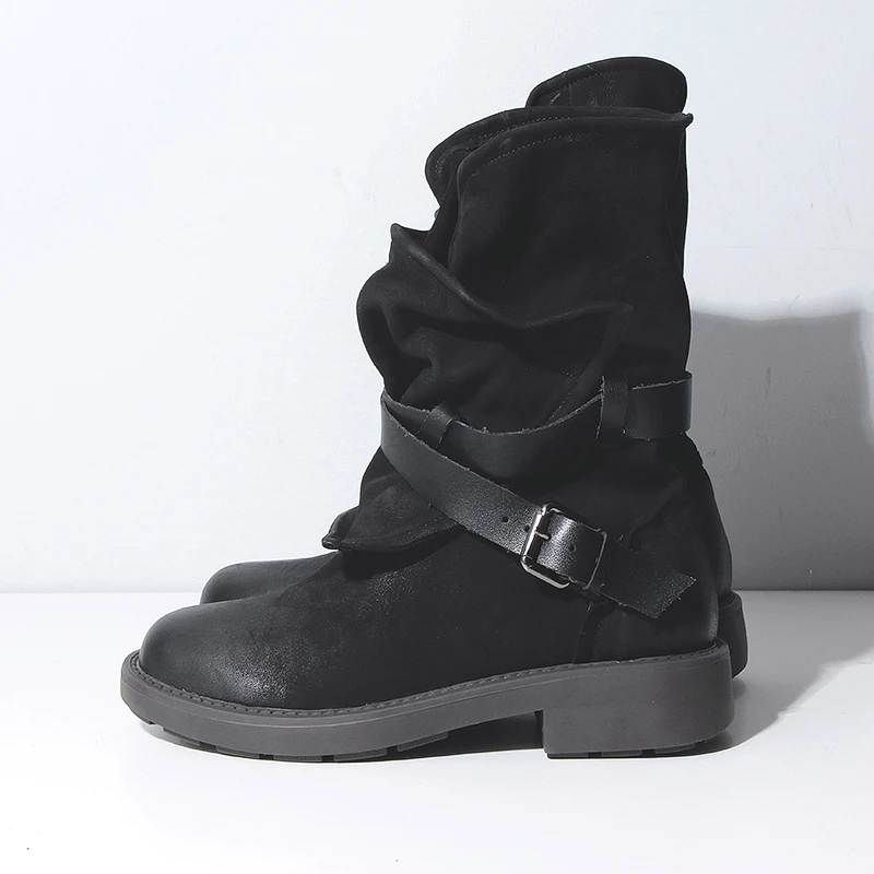 INS hot Women mid-calf Boots Solid color plus size 22-25.5cm length Leather Martin boots British retro motorcycle boots 2 colors