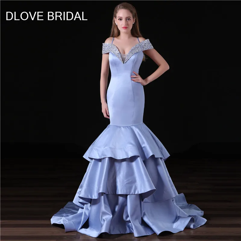 

Illusion Back Mermaid Prom Dress Factory Custom Make Spaghetti Straps Light Blue Satin Evening Party Dresses with Ruffles Skirt