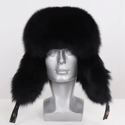 Black Горячая Распродажа, зимняя мужская шапка из натурального меха лисы, шапка из натуральной кожи, Повседневная теплая мягкая шапка из натурального меха лисы, шапка-бомбер s - Цвет: Black