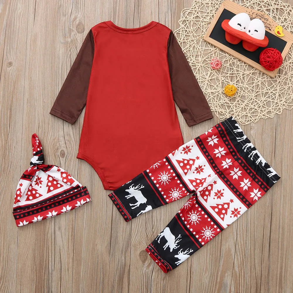 

TELOTUNY Christmas Family Pajamas Set sleepwear Toddler Baby Cartoon Deer Print Romper+Pants+Hat Family Clothes JXM Z1029
