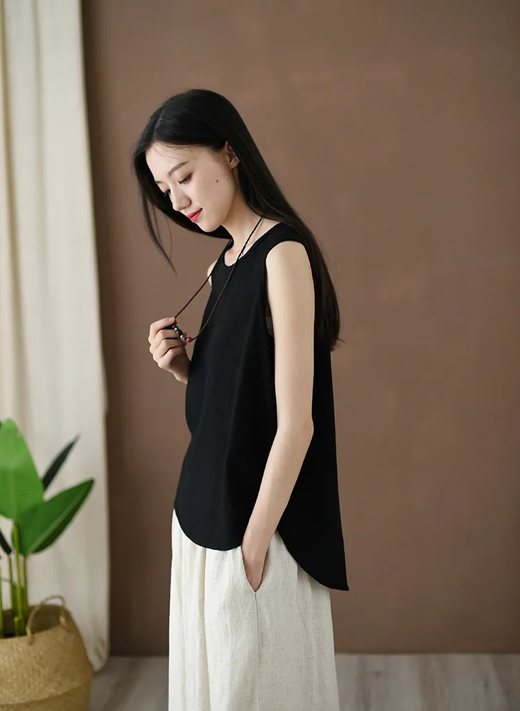 OriGoods Linen Tank Top Women Loose Casual Summer Tank Tops Solid Black White Yellow Red White Tank top Kawaii Cute Tops C223