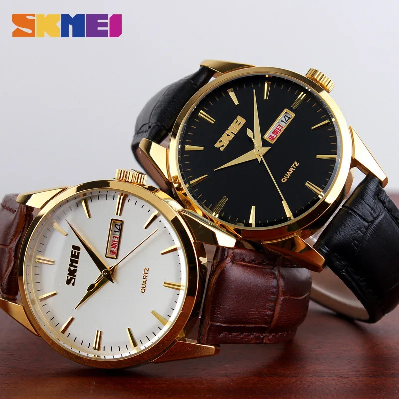SKMEI Мужские кварцевые наручные часы Классические деловые с кожаным ремешком