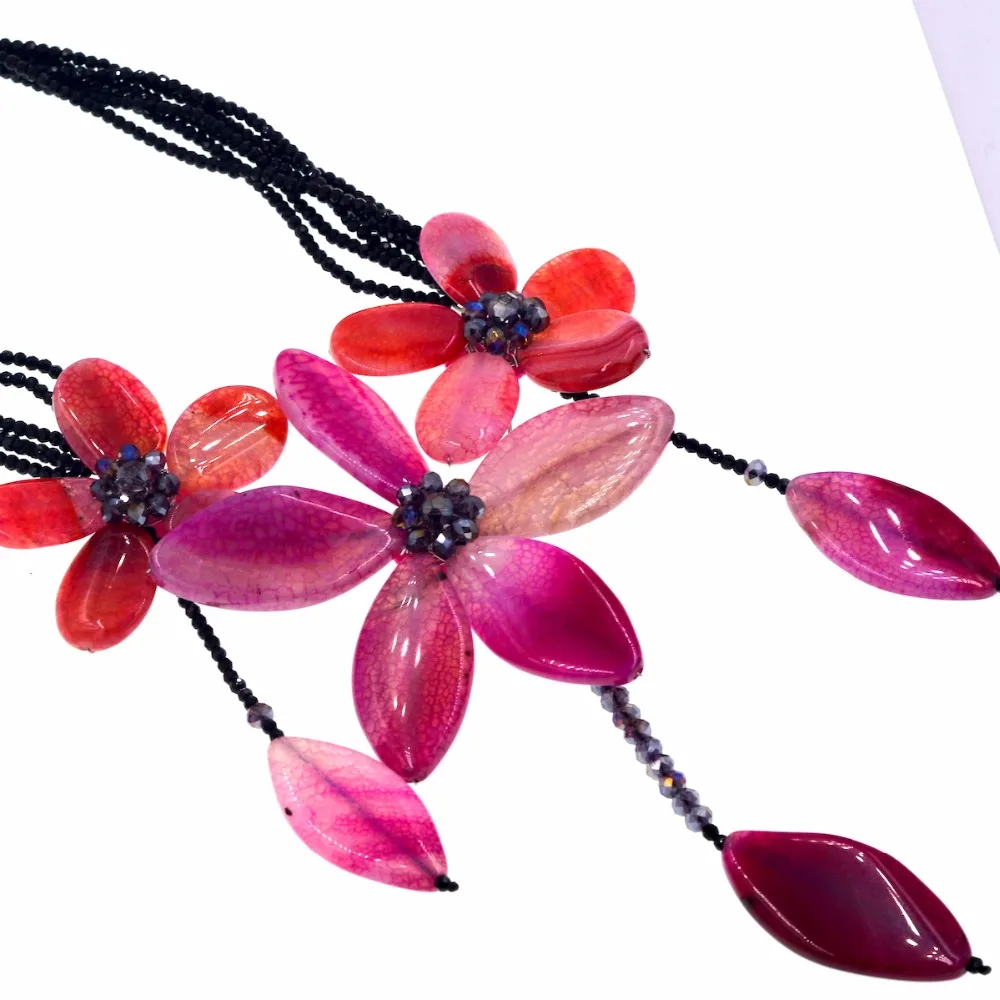 Ручной Работы ярко розовый Агаты цветок колье с черным кристаллом|necklace with|choker