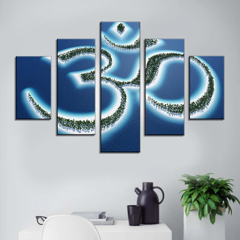 Слог Aum картины Buddism символ искусства Giclee 5 панель индический текст настенная