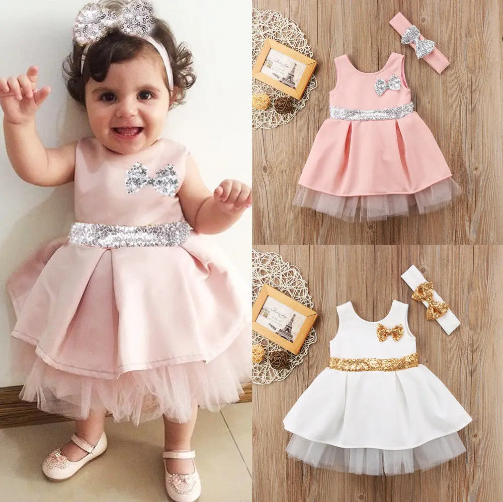 2018 Summer Sequin Dress Toddler Baby Girls Princess Bowknot A Line Mesh Headband Outfit Pageant Party Dresses 0-4T | Детская одежда и
