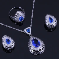 water drop blue cubic zirconia white cz silver plated jewelry sets earrings pendant chain ring v0315
