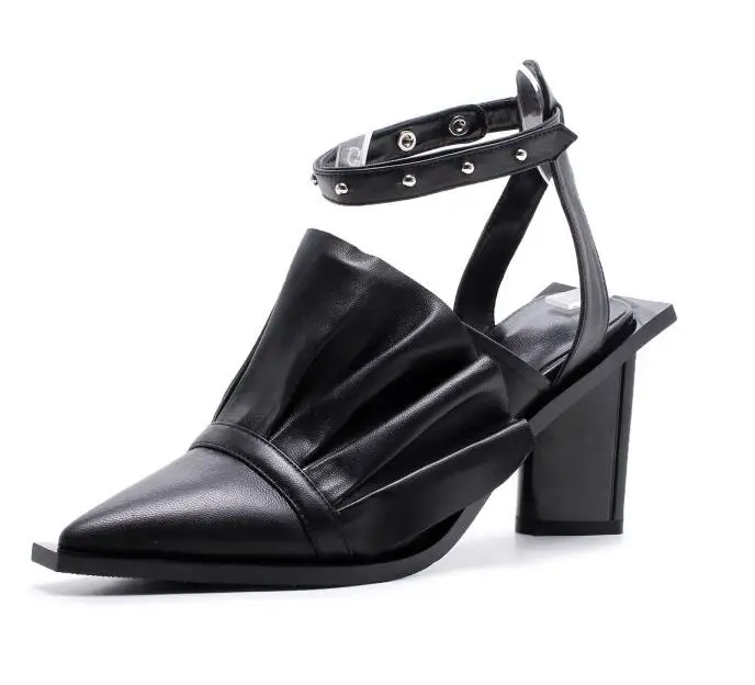 black 8 cm heel Summer genuine leather dress Sandals women square high Heels ruffles flowers bowties rivets pumps party shoes sapato feminino - Цвет: black 8 cm heel