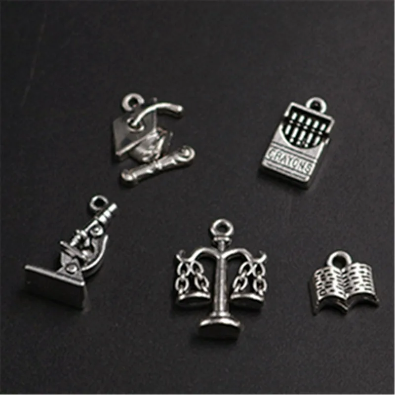 

Mixed batch 5pcs Silver Color graduation diploma microscope Bachelor hat crayon Balance frame charm DIY jewelry alloy pendant