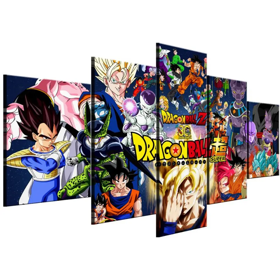 Lienzo pared arte cartel 5 piezas Dragon Ball Z Imagenes sala de estar модульный impreso dibujos animados Super Saiyan Goku pintur | Дом