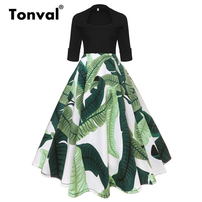 Tonval, винтажное Цветочное платье миди 1950 s, Ретро стиль, рокабилли, квадратный воротник, черные платья для женщин, осень, 3/4 рукав, платье - Цвет: Leaf