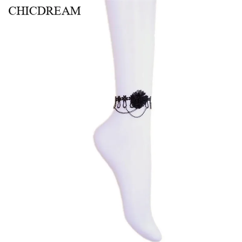 Браслет на ногу женский простой тканевый анклет в форме цветка с черными