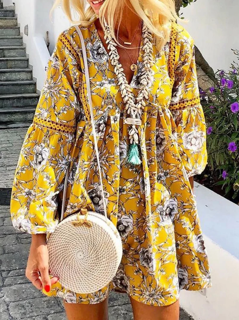 Летнее женское платье Boho с цветочным принтом и длинным рукавом Пляжное Хлопковое