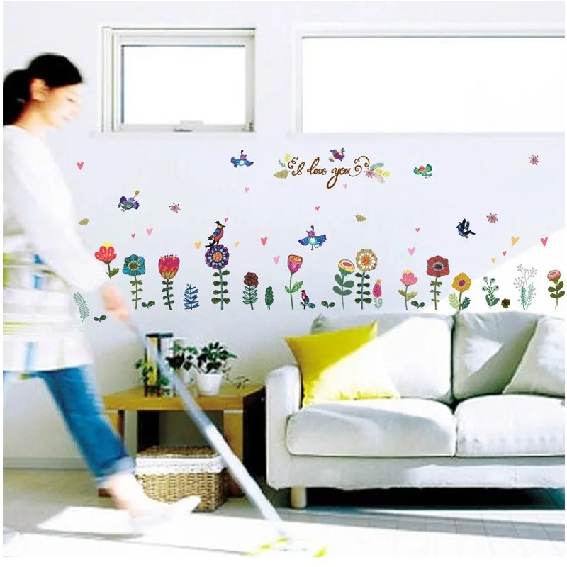 Real Plant New Mural Art Poster Romantic Colorful Flowers Baseboard Stickers Wall Decal Removable Home Decoration Sticker | Дом и сад
