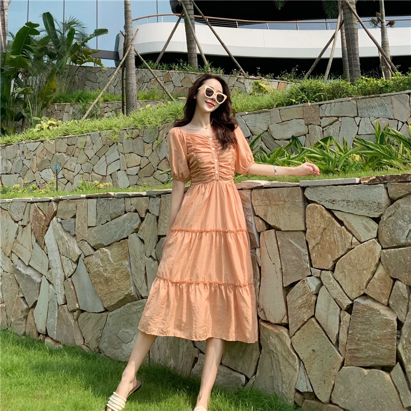 Летнее платье 2019 Корея ретро одежда короткий рукав плиссированные платья