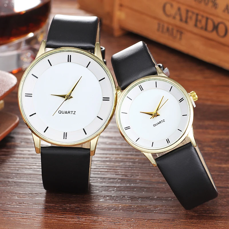 Простые Стильные парные женские кожаные часы для влюбленных Кварцевые мужские