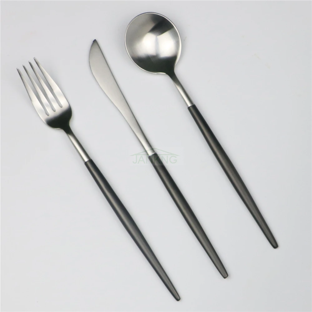 

JANKNG 20 Pcs/Lot Black Hand Silver Knife Fork Teaspoon Cutlery Set 304 Stainless Steel Dinner Set Dinnerware Tableware Set