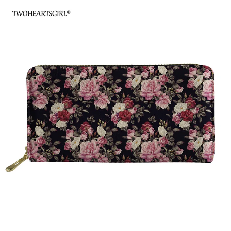 

Twoheartsgirl Leather Wallet and Purse Clutch Large Capacity Rose Print Wallet Zipper Pocket Female Card Holder Zipper wallets