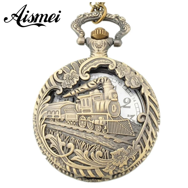 25pcs/lot Vintage Charming fashion jewelry train carved openable Hollow pocket watch Men SteamPunk Necklace Pendant Quartz Watch