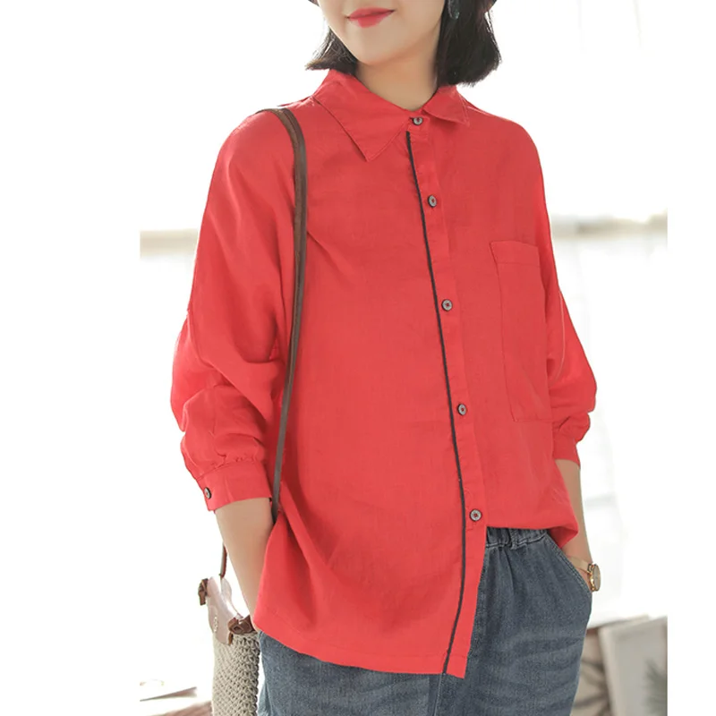 Новинка 2020 года. Однотонные весенние женские льняные блузки с длинным рукавом и