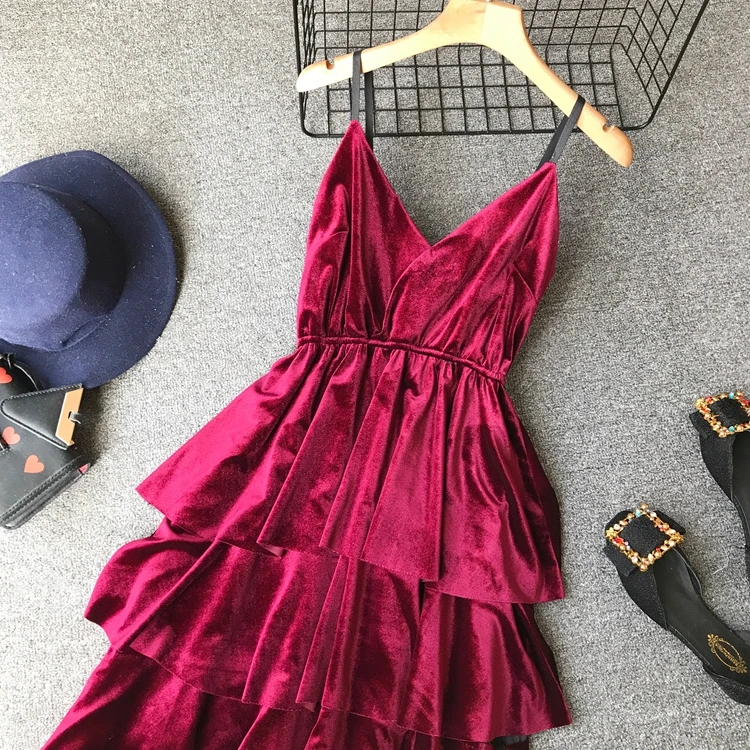 ALPHALMODA Ретро бархатное нарядное платье с высокой талией и v-образным вырезом, женские милые однотонные вечерние платья средней длины