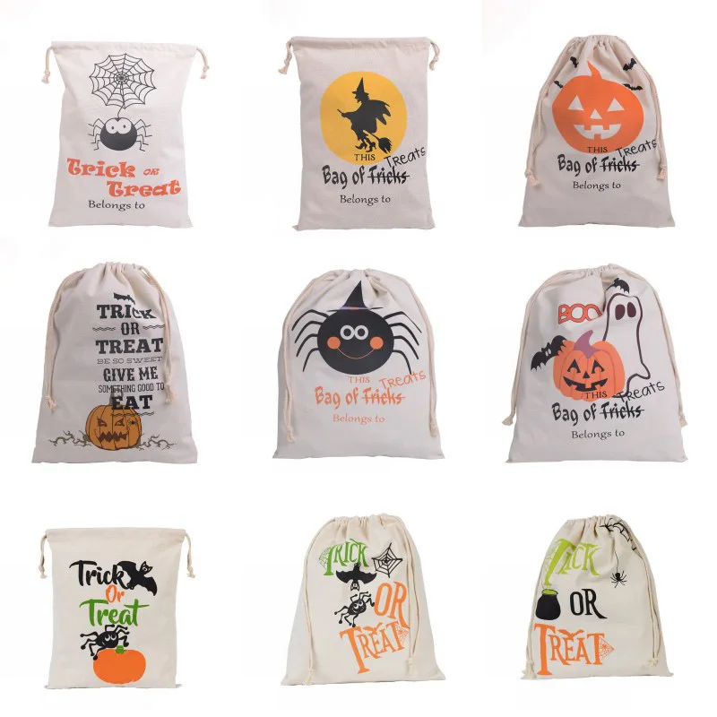 

Wholesale Halloween Tote Bag 100pcs 2021 Candy Gifts Bag Treat or Trick Drawstring Bag Cotton Canvas Pumpkin Spider Gift Bags