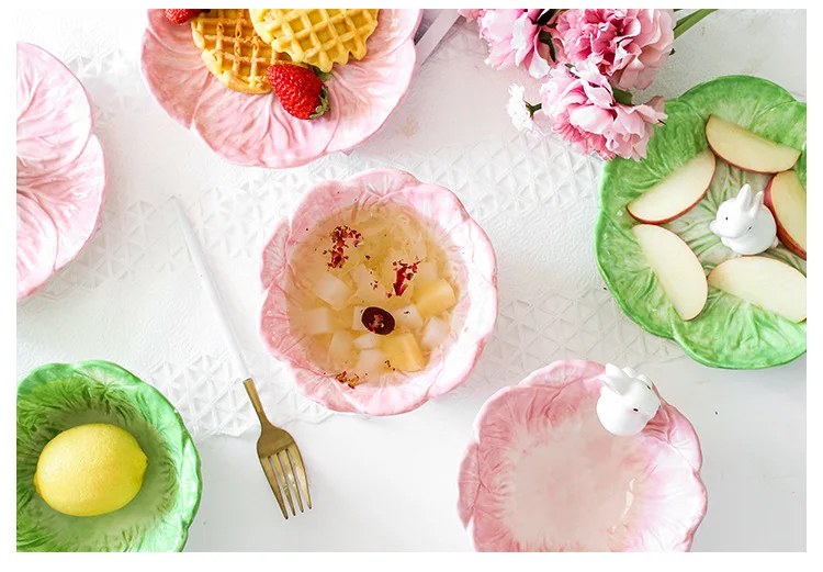 Cute Rabbit Cabbage Ceramic Plate Floral Round Salad Bowl Porcelain Dinner Plate Steak Fruit Tray Decorative Snack Dishes Plate