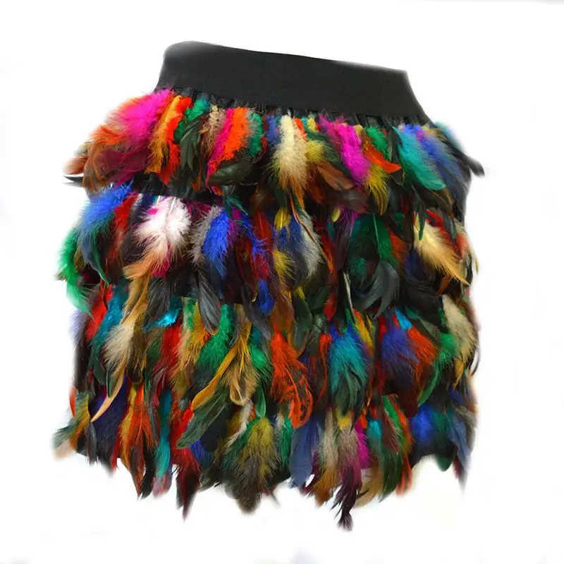 Мини юбка с радужными перьями женская зимняя плиссированная высокой талией