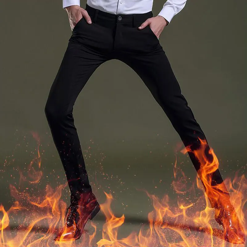 Модные Для мужчин зимние теплые костюмы брюки черный человек Тощий Slim Fit флисовые
