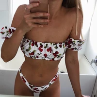 cherry print off shoulder bikini 2021 high cut swimsuit women female brazilian swimwear two pieces bikini set bathing suit swim
