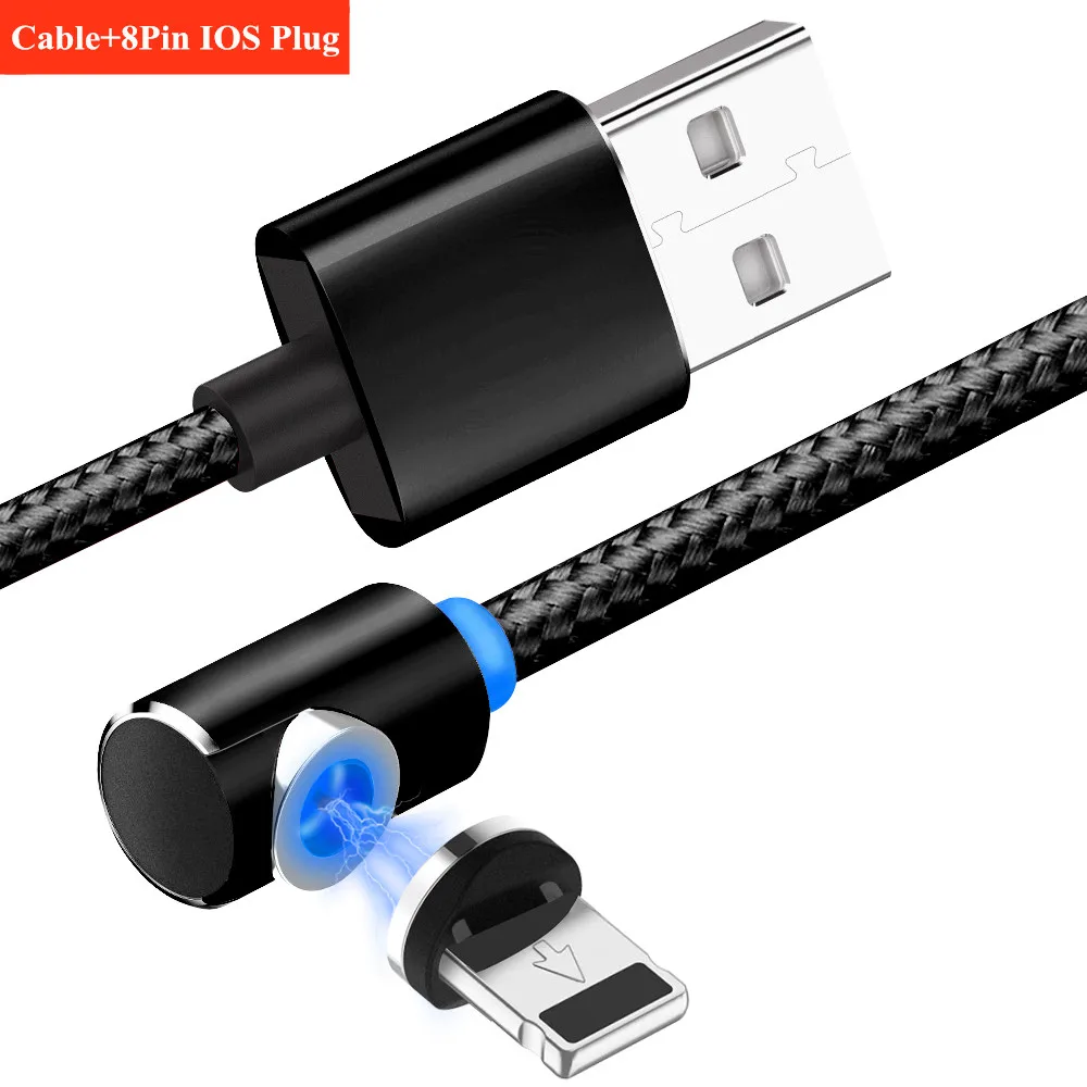 10 шт./ 90 градусов 1 м 3.28ft светодиодный магнитный кабель Micro USB для iPhone samsung 3 в 1 IOS type C кабель зарядного устройства Быстрая зарядка - Цвет: NEW Black IOS Cable
